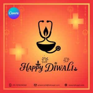 Happy Diwali medical social media post template featuring festive colors, Diwali lamps, and healthcare icons – editable Canva design for clinics and doctors.